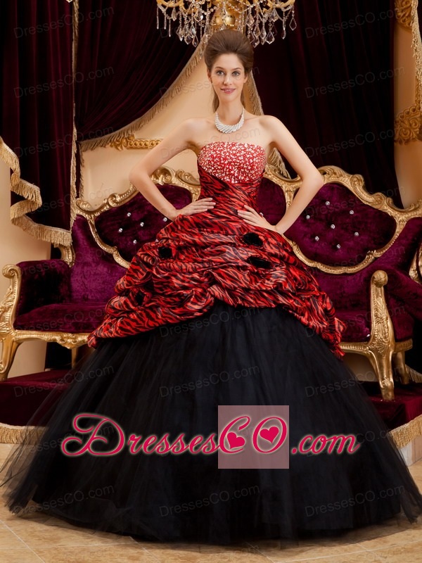 Red And Black Strapless Ball Gown Long Zebra And Tulle Hand Made Flowers Quinceanera Dress