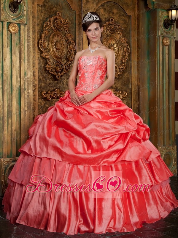 Watermelon Ball Gown Strapless Long Organza Beading Quinceanera Dress