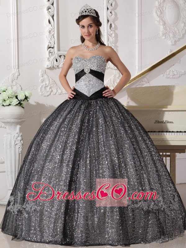 Black Ball Gown Long Sequined And Tulle Appliques Quinceanera Dress