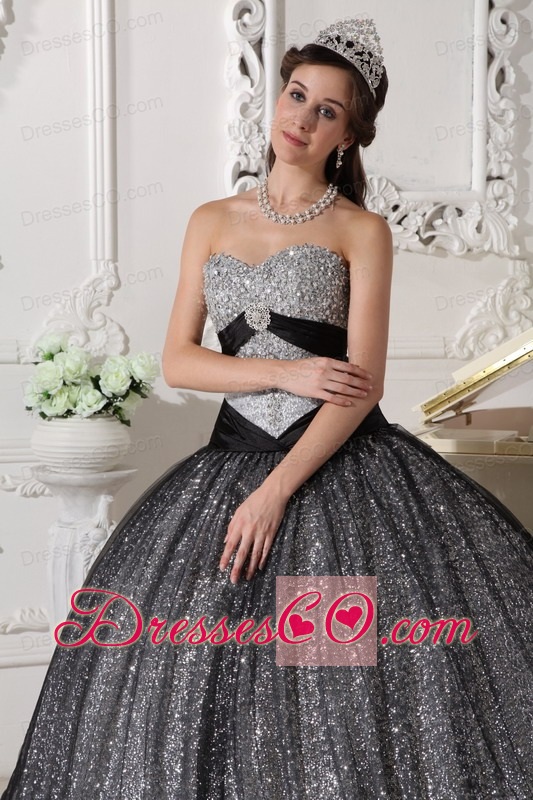 Black Ball Gown Long Sequined And Tulle Appliques Quinceanera Dress