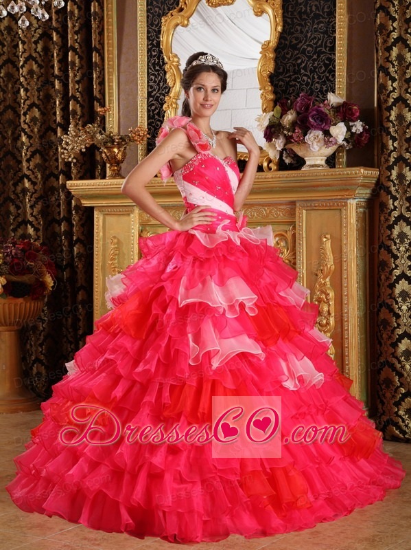 Red Ball Gown One Shoulder Long Organza Ruffles And Beading Quinceanera Dress