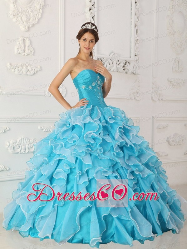 Blue A-line / Princess Long Taffeta And Organza Beading Quinceanera Dress