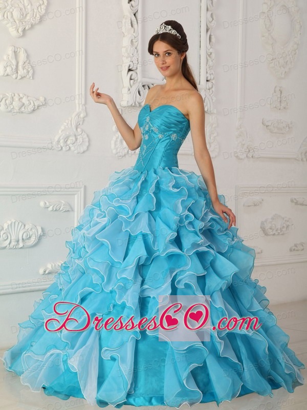 Blue A-line / Princess Long Taffeta And Organza Beading Quinceanera Dress