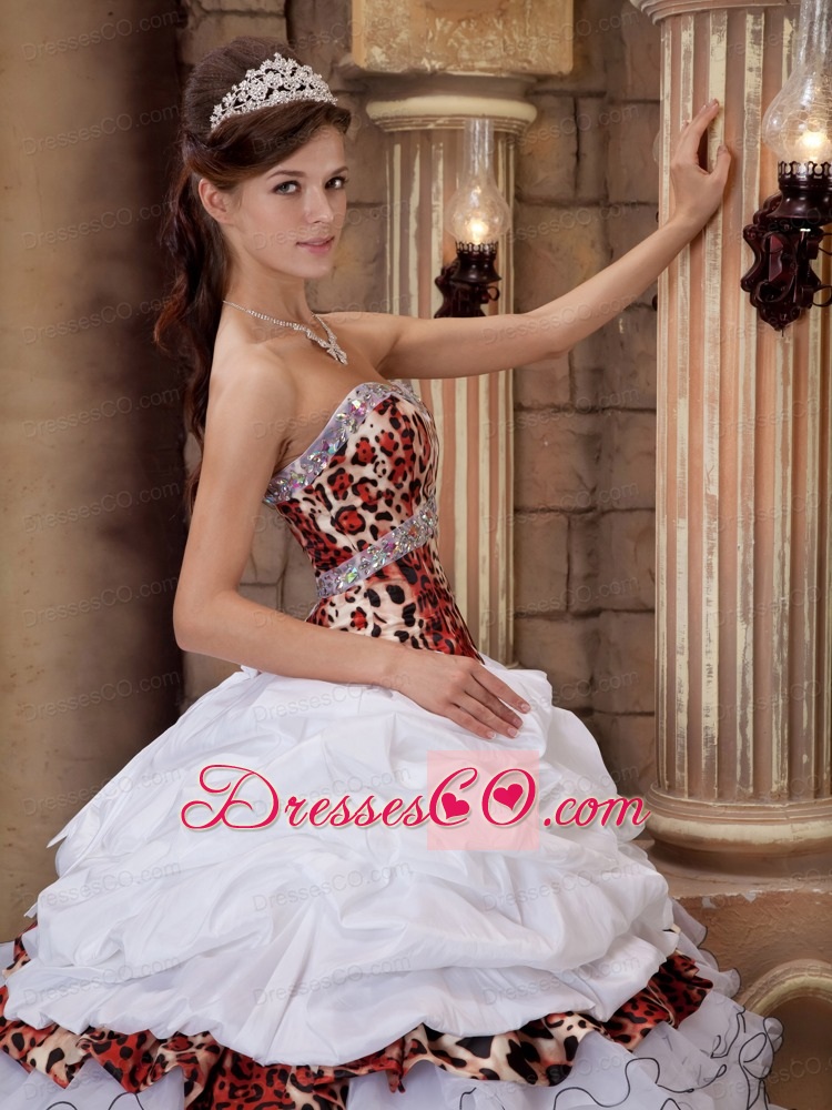 White Ball Gown Long Organza And Leopard Ruffles Quinceanera Dress