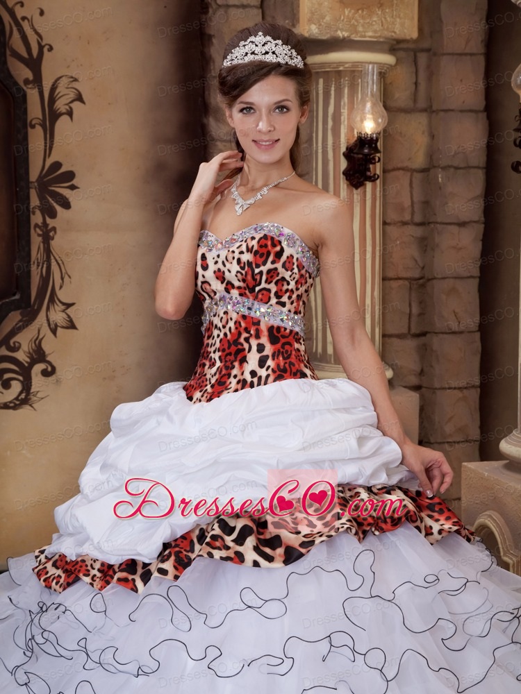 White Ball Gown Long Organza And Leopard Ruffles Quinceanera Dress