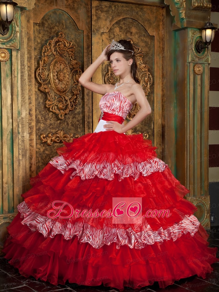 Red Ball Gown Strapless Long Organza And Zebra Ruffles Quinceanera Dress