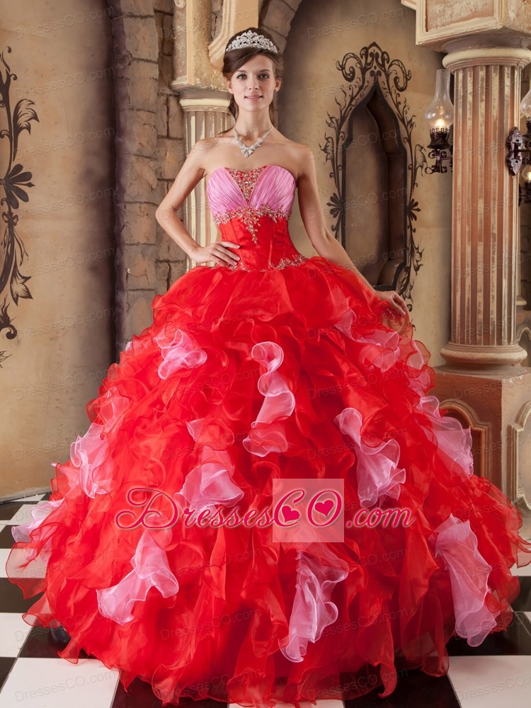 Red Ball Gown Strapless Long Organza Beading And Ruffles Quinceanera Dress