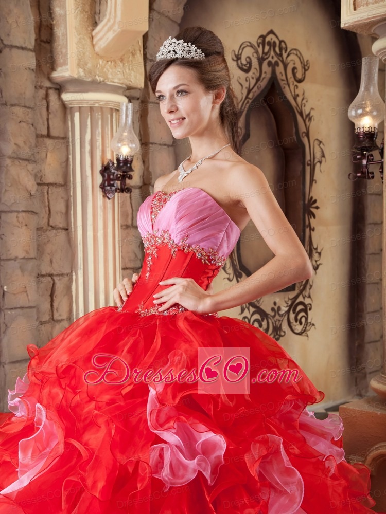 Red Ball Gown Strapless Long Organza Beading And Ruffles Quinceanera Dress