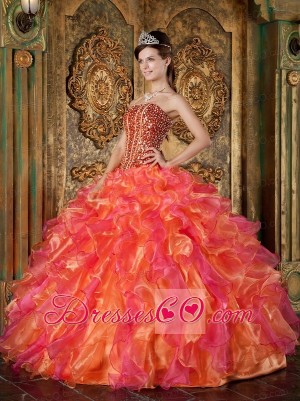 Multi-color Ball Gown Strapless Long Organza Beading And Ruffles Quinceanera Dress