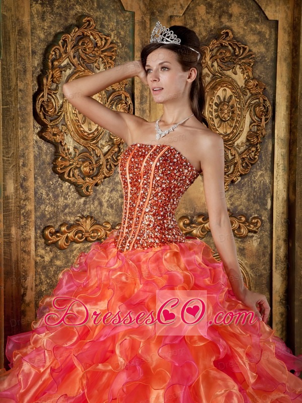 Multi-color Ball Gown Strapless Long Organza Beading And Ruffles Quinceanera Dress