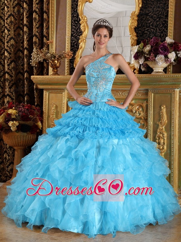 Aqua Blue Ball Gown One Shoulder Long Satin And Organza Beading Quinceanera Dress