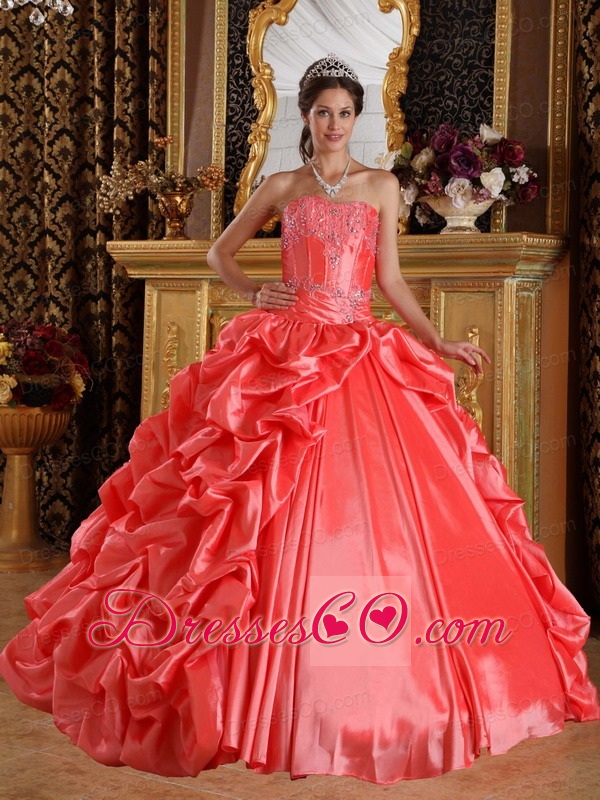 Orange Red Ball Gown Long Taffeta Embroidery And Beading Quinceanera Dress