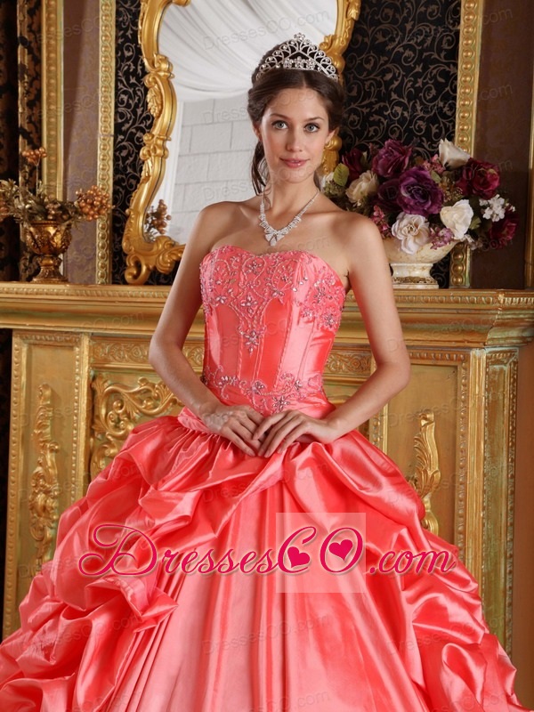Orange Red Ball Gown Long Taffeta Embroidery And Beading Quinceanera Dress