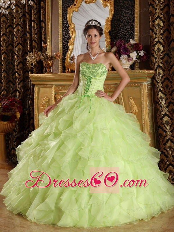 Yellow Green Ball Gown Strapless Long Satin And Organza Embroidery With Beading Quinceanera Dress