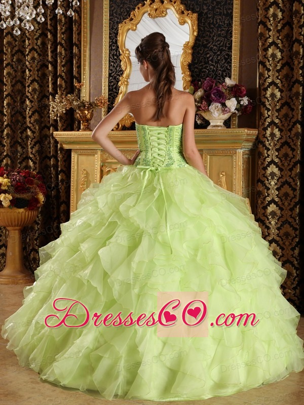 Yellow Green Ball Gown Strapless Long Satin And Organza Embroidery With Beading Quinceanera Dress