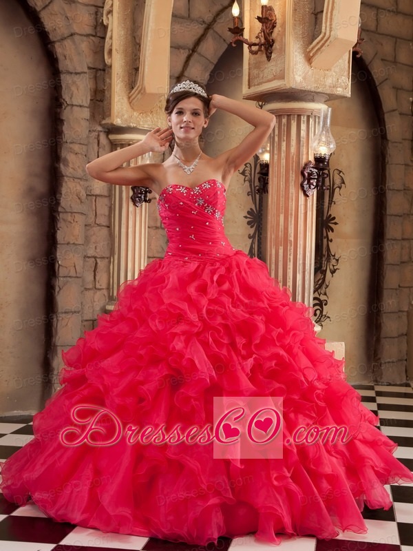 Red Ball Gown Long Organza Ruffles Quinceanera Dress