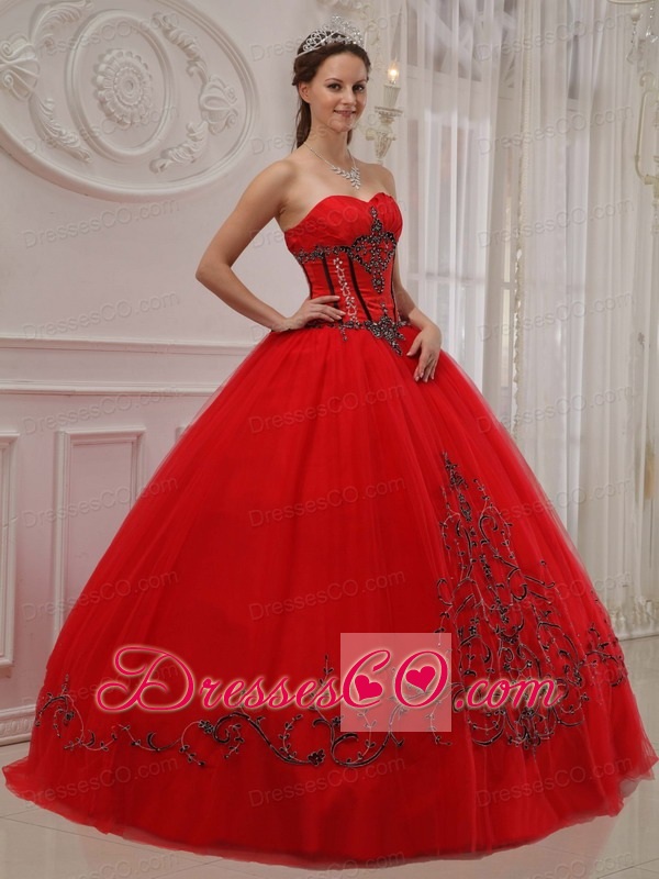 Red Ball Gown Long Tulle Appliques Quinceanera Dress