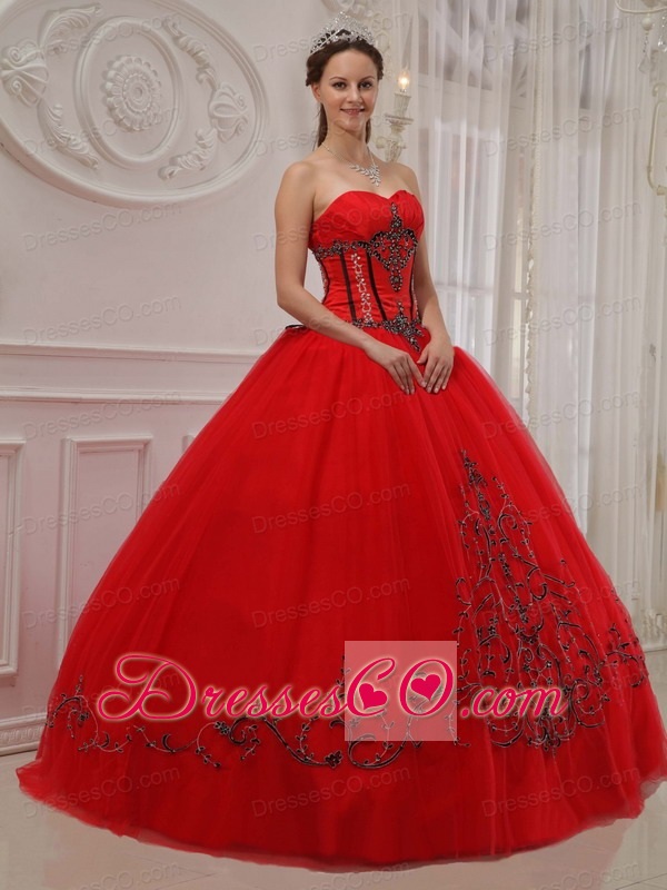 Red Ball Gown Long Tulle Appliques Quinceanera Dress