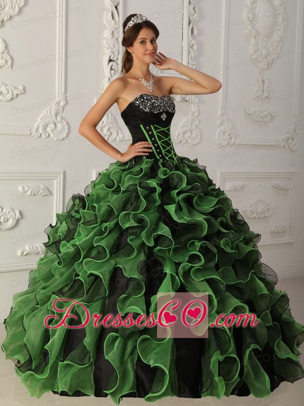 Green Ball Gown Long Organza Beading Quinceanera Dress