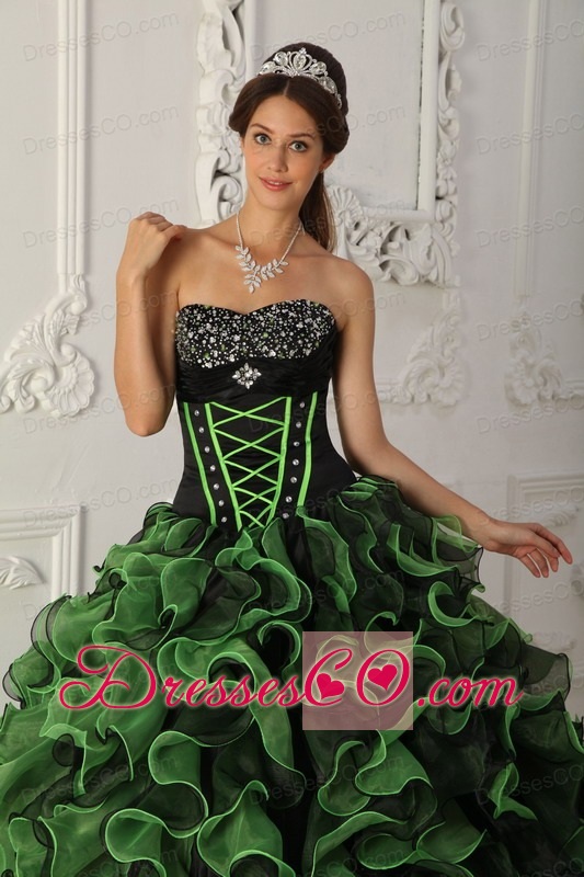 Green Ball Gown Long Organza Beading Quinceanera Dress