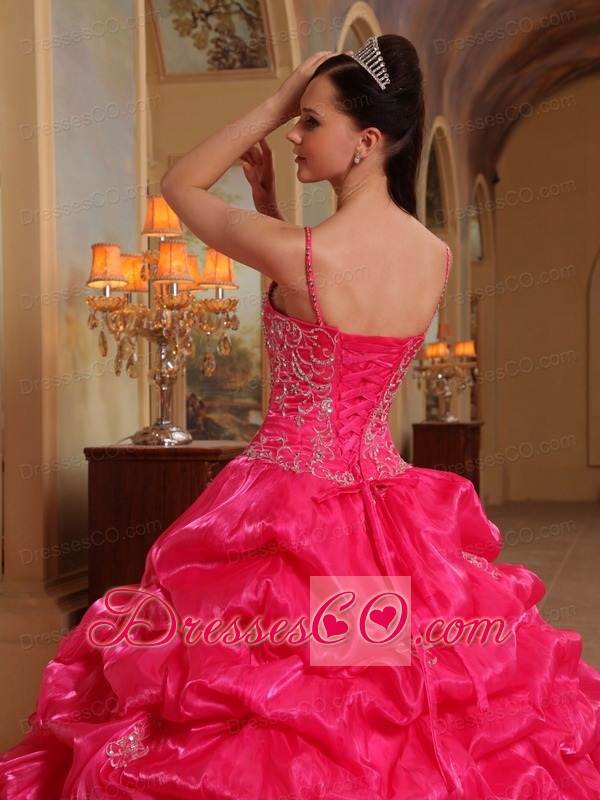 Red Ball Gown Spaghetti Straps Long Organza Embroidery Quinceanera Dress