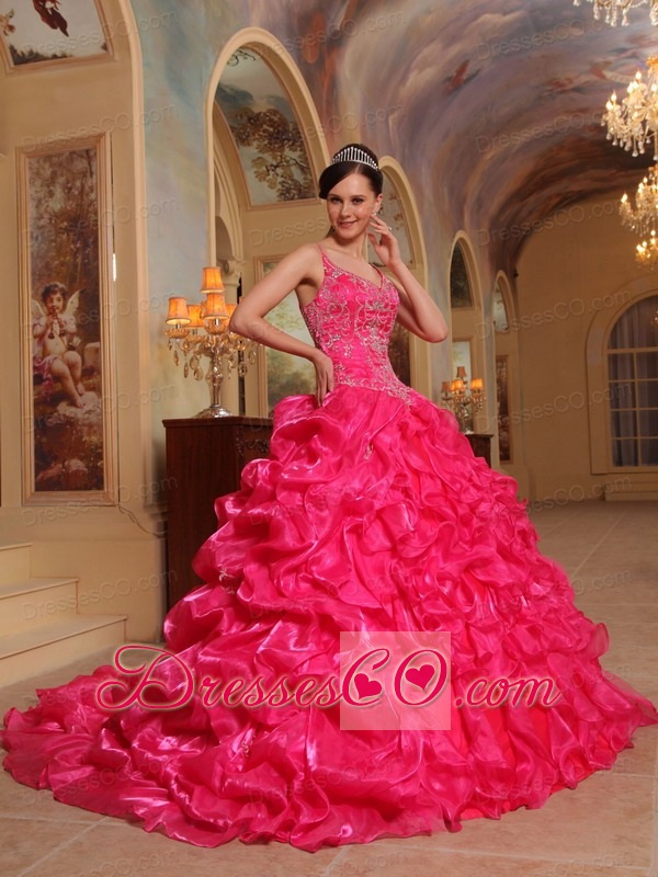 Red Ball Gown Spaghetti Straps Long Organza Embroidery Quinceanera Dress