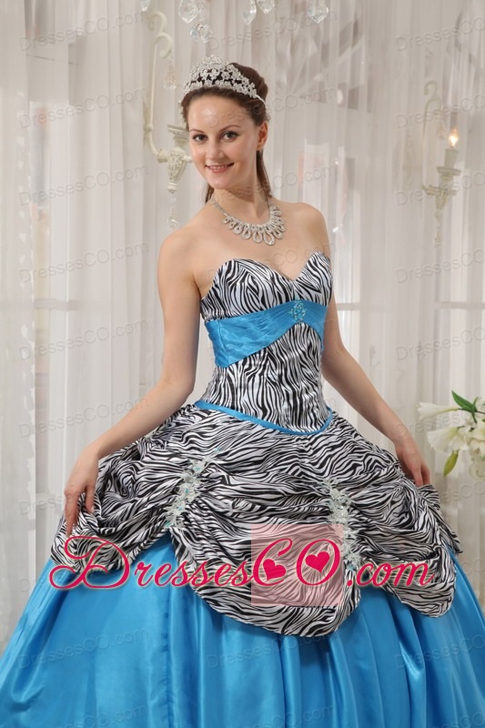 Aqua Blue Ball Gown Long Taffeta And Zebra Or Leopard Ruffles Quinceanera Dress