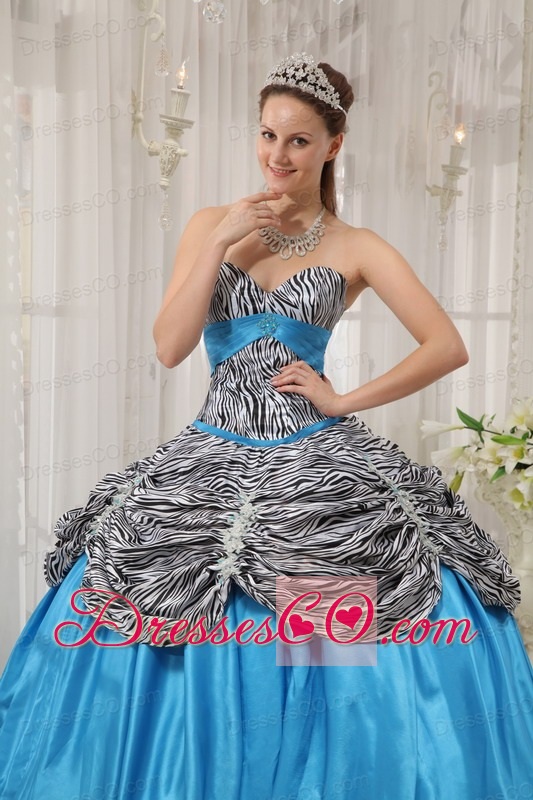 Aqua Blue Ball Gown Long Taffeta And Zebra Or Leopard Ruffles Quinceanera Dress