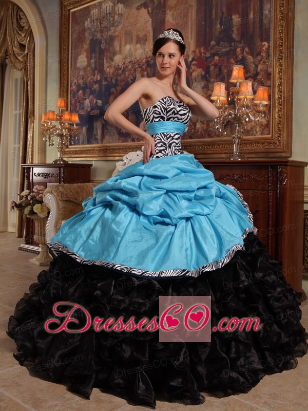 Aqua Blue And Black Ball Gown Long Pick-ups Taffeta And Organza Quinceanera Dress