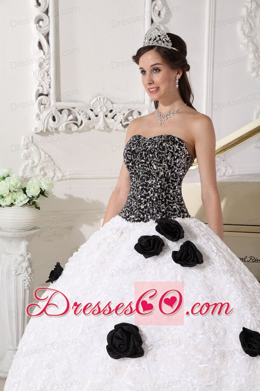 White And Black Ball Gown Strapless Long Special Fabric Sequins And Hand Made Flowers Quinceanera Dress