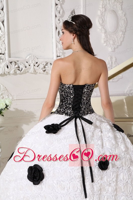 White And Black Ball Gown Strapless Long Special Fabric Sequins And Hand Made Flowers Quinceanera Dress