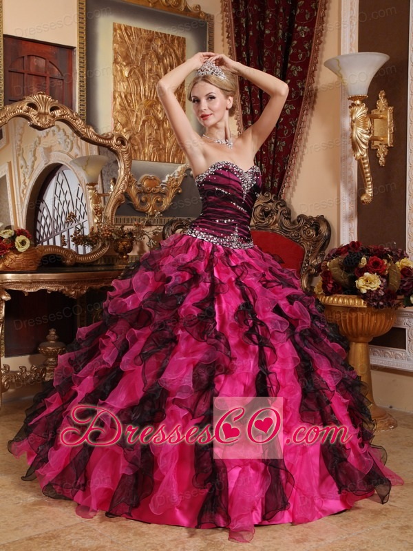 Black And Red Ball Gown Long Organza Beading And Ruffles Quinceanera Dress