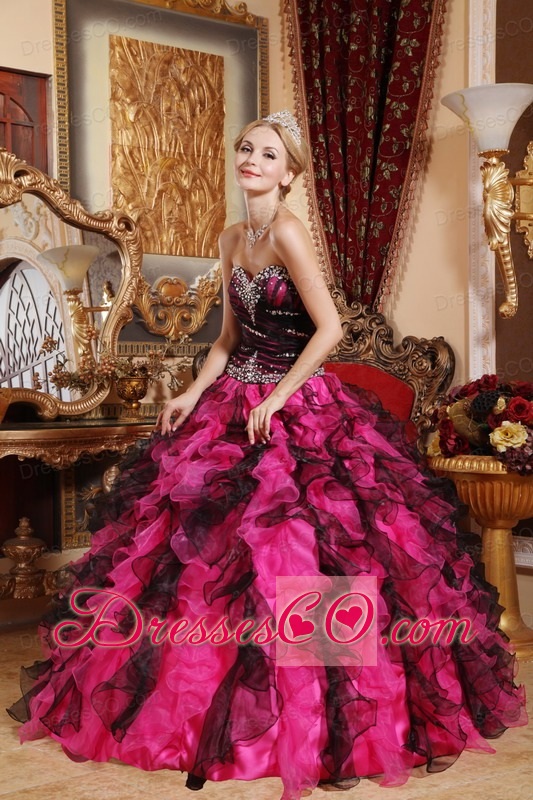 Black And Red Ball Gown Long Organza Beading And Ruffles Quinceanera Dress