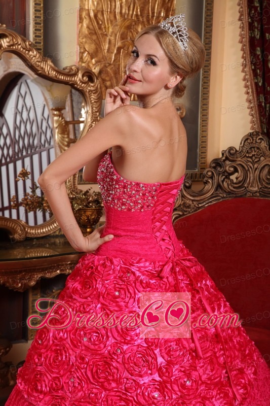Red A-line Strapless Long Fabric With Rolling Flowers Beading Quinceanera Dress