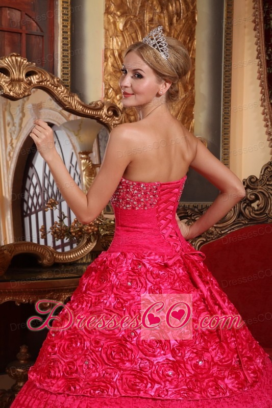 Red A-line Strapless Long Fabric With Rolling Flowers Beading Quinceanera Dress
