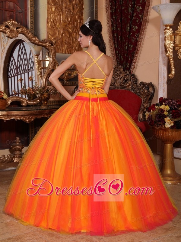 Orange Red Ball Gown V-neck Long Taffeta And Tulle Beading Quinceanera Dress