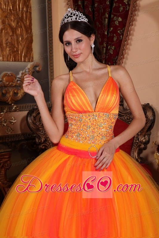 Orange Red Ball Gown V-neck Long Taffeta And Tulle Beading Quinceanera Dress