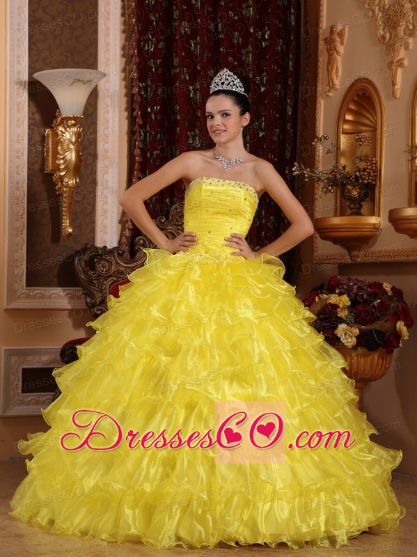 Yellow Ball Gown Strapless Long Organza Beading Quinceanera Dress