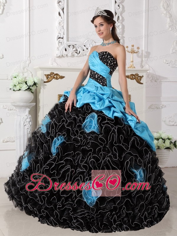Blue And Black Ball Gown Long Organza Beading And Rolling Flowers Quinceanera Dress