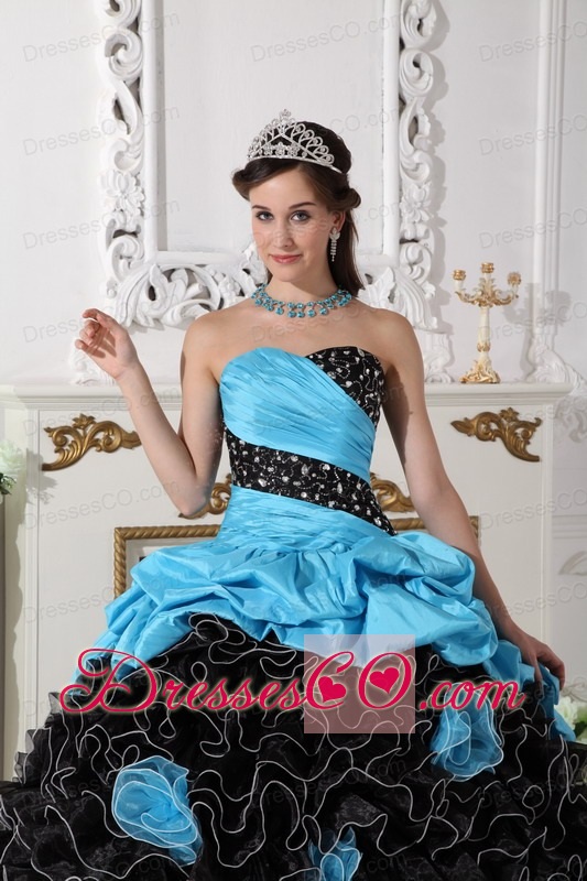 Blue And Black Ball Gown Long Organza Beading And Rolling Flowers Quinceanera Dress