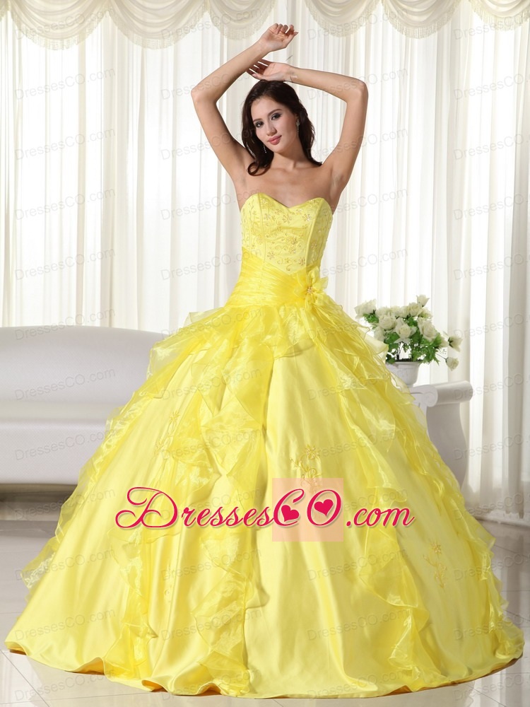 Yellow Ball Gown Long Taffeta Embroidery Quinceanera Dress