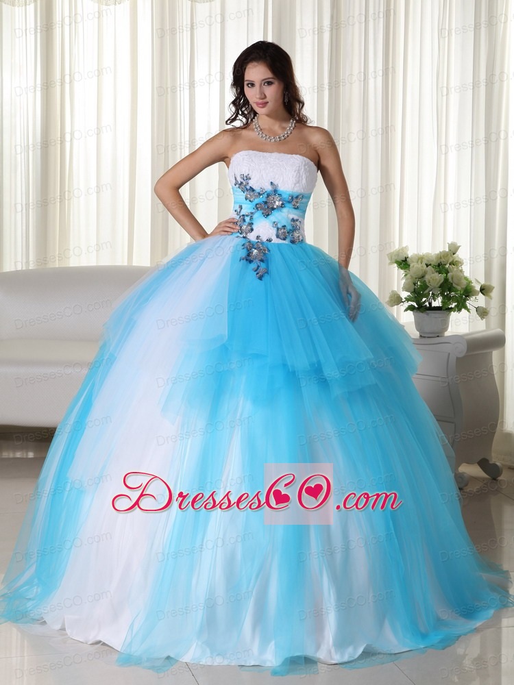 Aqua Ball Gown Strapless Long Tulle Beading Quinceanera Dress