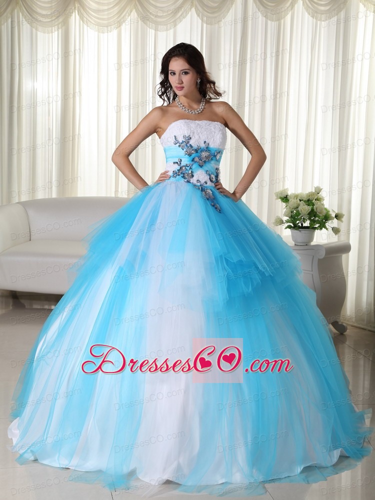 Aqua Ball Gown Strapless Long Tulle Beading Quinceanera Dress