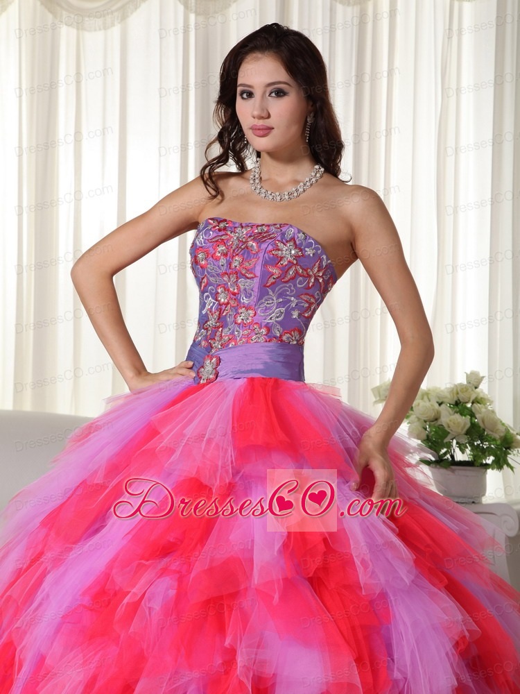 Multi-color Ball Gown Strapless Long Tulle Appliques Quinceanera Dress