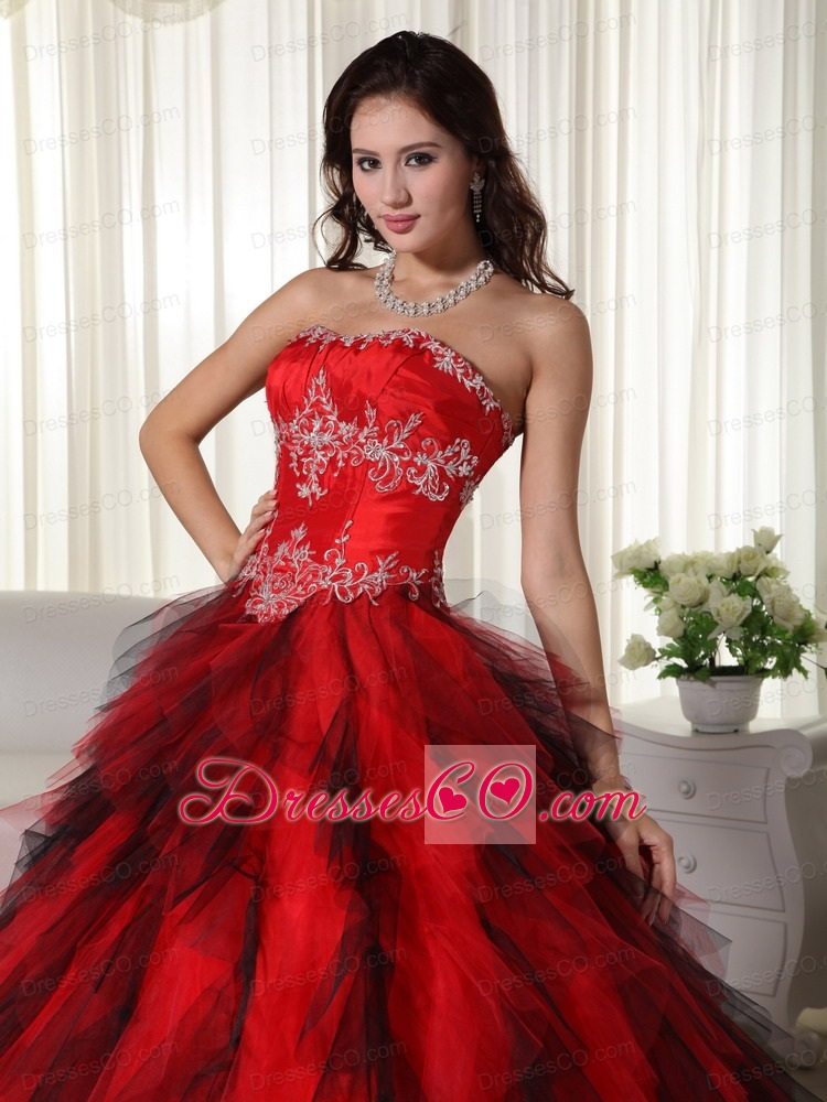 Red Ball Gown Strapless Long Taffeta Appliques Quinceanera Dress