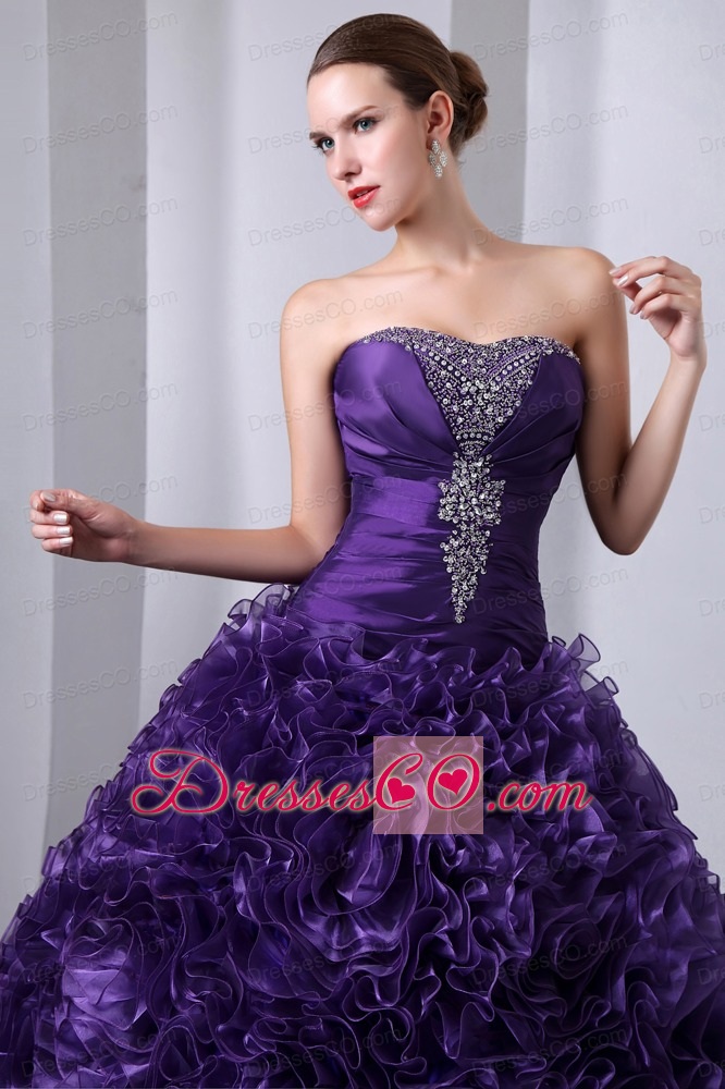 Purple A-line / Princess Strapless Long Organza Beading And Hand Made Flowers Quinceanea Dress