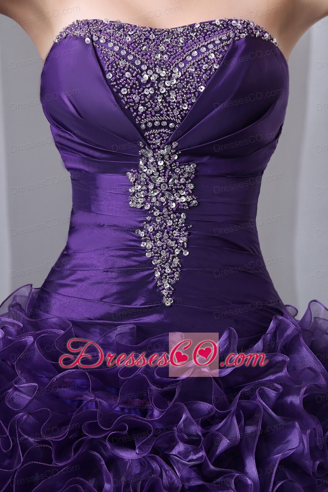 Purple A-line / Princess Strapless Long Organza Beading And Hand Made Flowers Quinceanea Dress