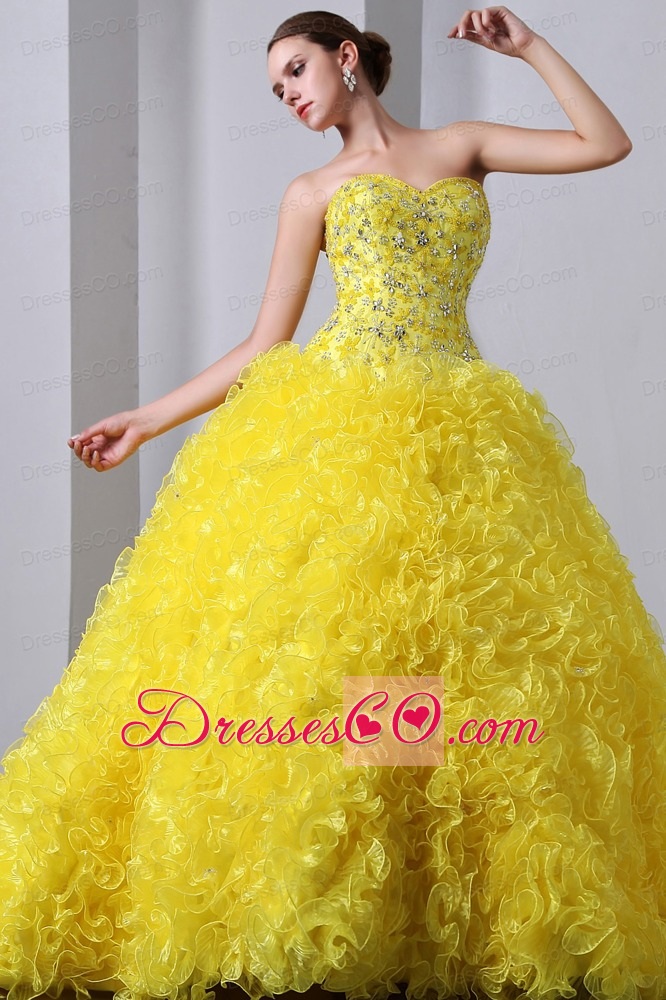 Yellow A-Line / Princess Brush Train Organza Beading and Ruffles Quinceanea Dress