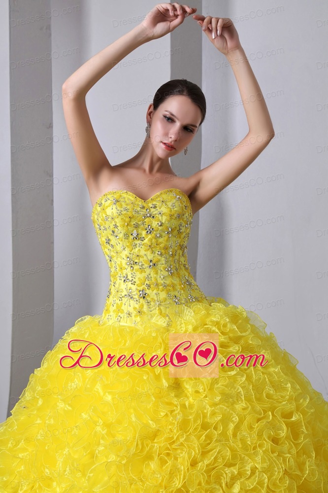 Yellow A-Line / Princess Brush Train Organza Beading and Ruffles Quinceanea Dress
