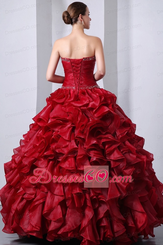 Wine Red A-line / Princess Long Organza Beading And Ruffles Quinceanea Dress